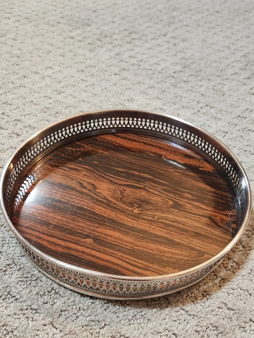 Vintage MCM Sheffield Round Silverplate Tray With Wood Look Formica Surface